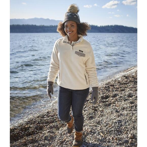 L.L.Bean Hi-Pile Fleece Pullover cream and gray size large - Picture 1 of 16